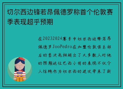 切尔西边锋若昂佩德罗称首个伦敦赛季表现超乎预期