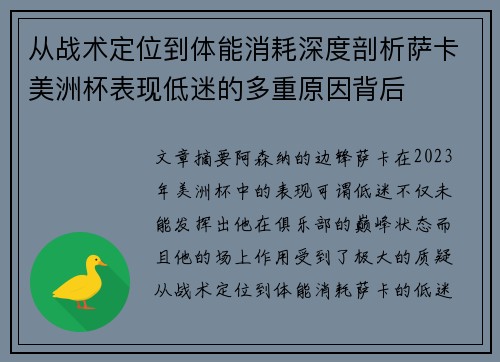 从战术定位到体能消耗深度剖析萨卡美洲杯表现低迷的多重原因背后